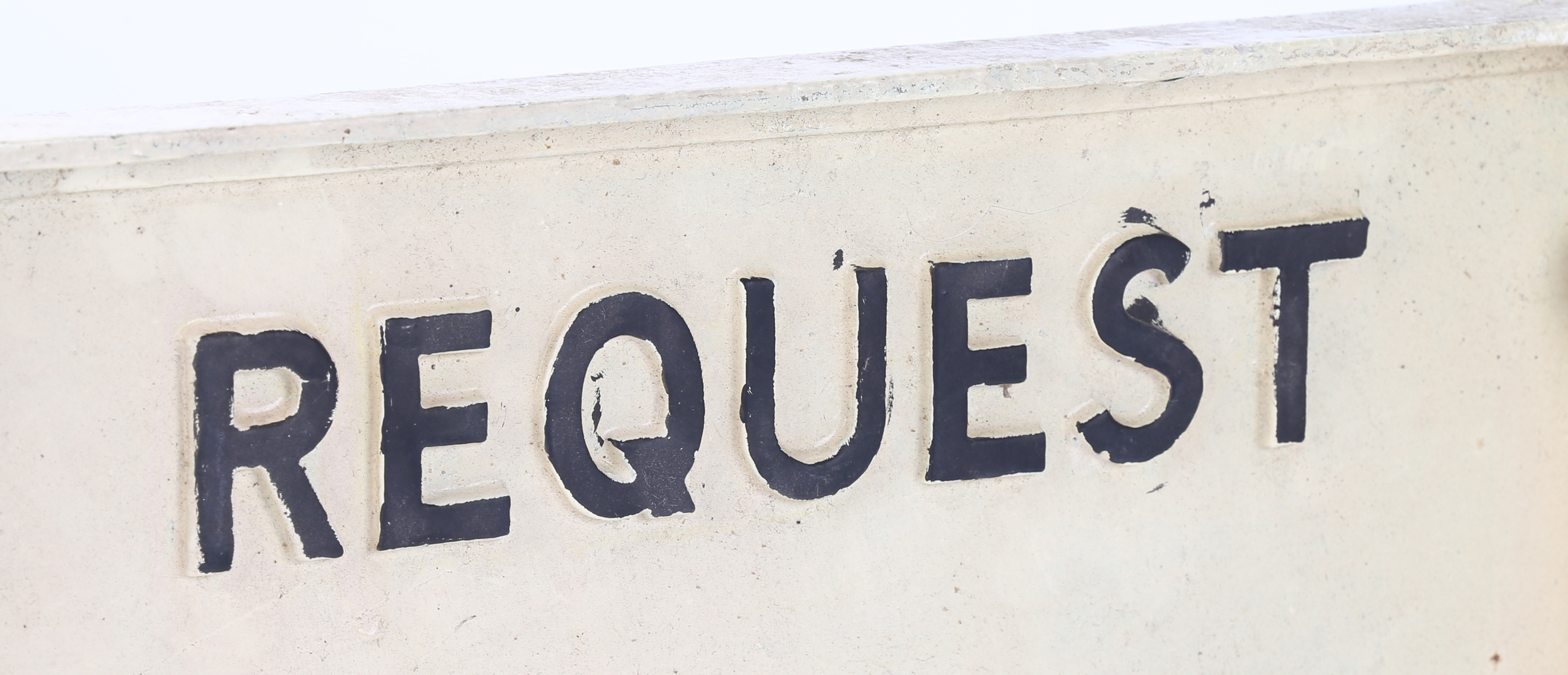 A painted metal bus stop sign "Request Bus Stop". The black lettering on a cream background, 31cm - Image 5 of 6