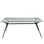 A contemporary glass topped dining table with black painted metal frame, 180cm x 80cm x 76cm.