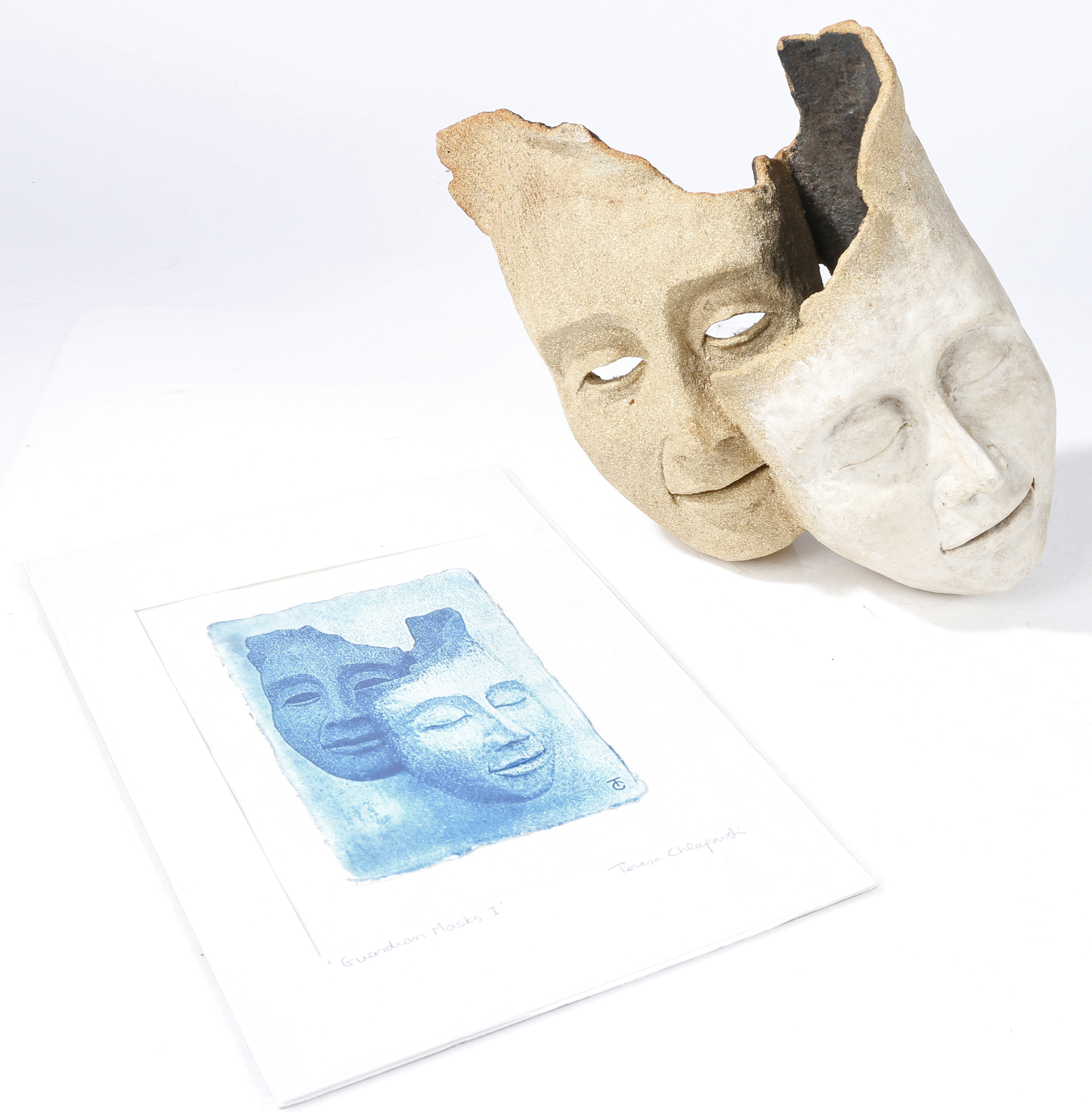 Teresa Chlapowski (Contemporary) Guradian Mask terracotta and clay sculpture together with a