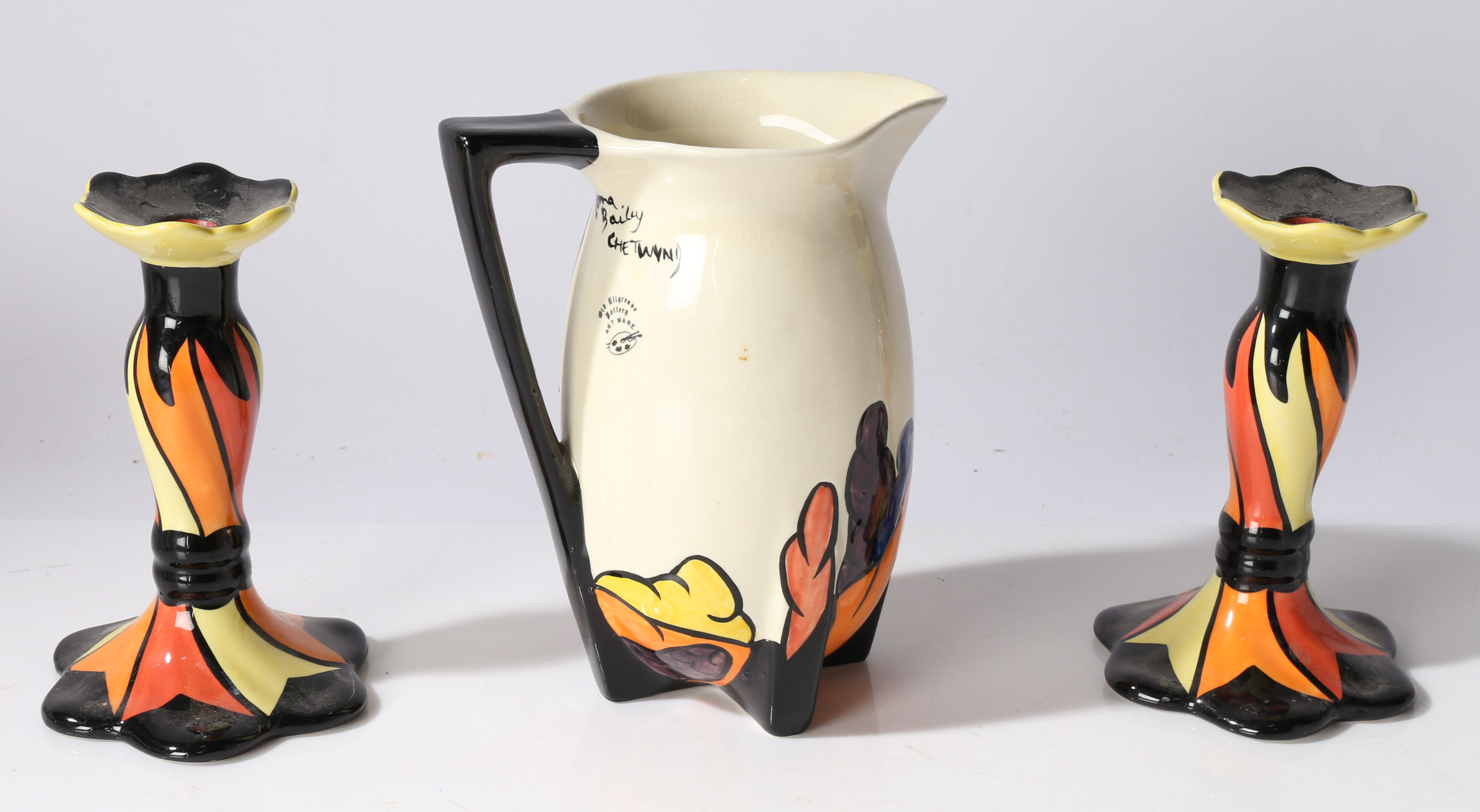 Lorna Bailey Ceramics. "Chetwynd" pattern jug and candlesticks. (3) - Image 5 of 8