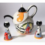 Lorna Bailey Ceramics. "Porthill" pattern teapot/ salt and pepper shakers. (3)