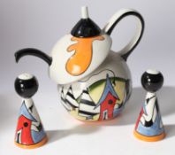 Lorna Bailey Ceramics. "Porthill" pattern teapot/ salt and pepper shakers. (3)