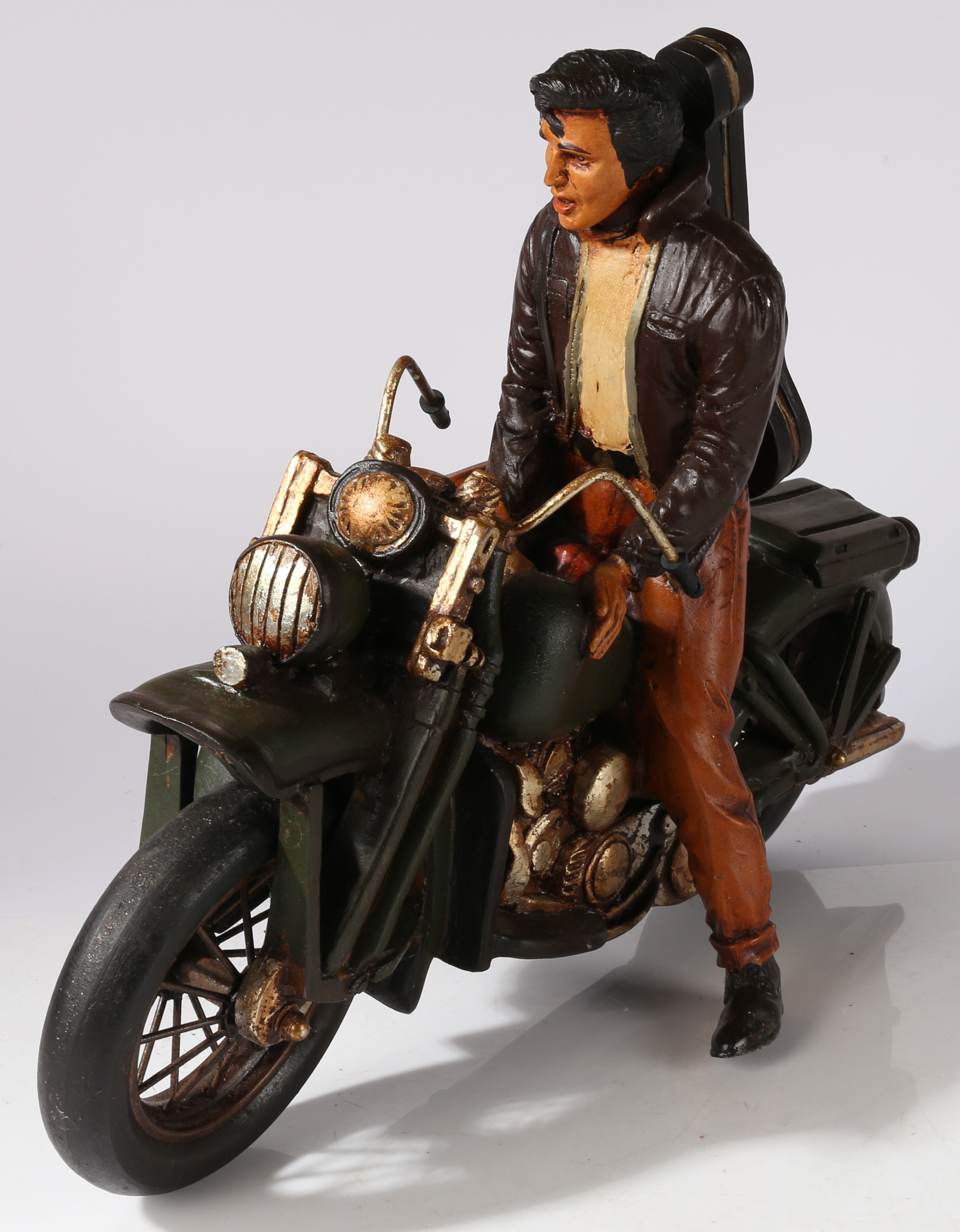 Large Elvis Presley model on a U.S. Army motorcycle with 'Memphis' guitar