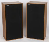 A pair of teak cased Celestion Ditton 44 floor standing speakers, 37cm x 26cm x 77cm.