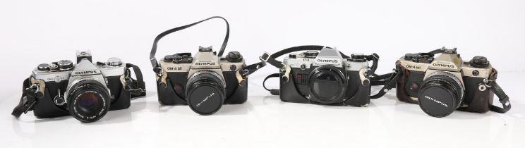 Olympus Cameras to include a OM-2n with Zuiko Auto-S 50mm 1:1.8 lens, two OM-4 Ti's both with