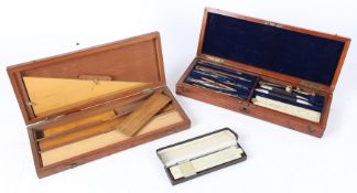 Measuring tools, rulers/triangle, contained in a wooden case engraved to the lid 'J.C. CHAYTOR',