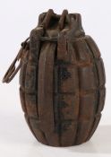 First World War No.5 Hand Grenade, slit cut into casing, safety lever and pin present, base plug