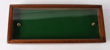Wooden Table Top Display Case, hinged glass lid, green felt lined interior with brass knobs to