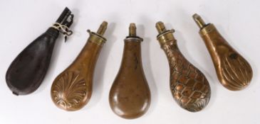 19th century embossed copper and brass powder flask by James Dixon & Sons, signed to the spout,
