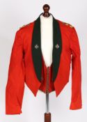 Officers Mess Dress jacket, scarlet cloth with dark green cloth collar, silver and enamel Derbyshire