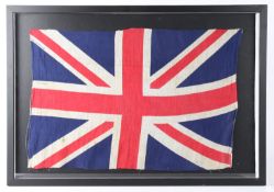Framed early 20th century Union Flag, printed on cotton, 'British Manufacture' and 'First Colours'