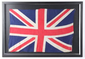 Framed early 20th century Union Flag, printed on cotton, 'British Manufacture' and 'First Colours'
