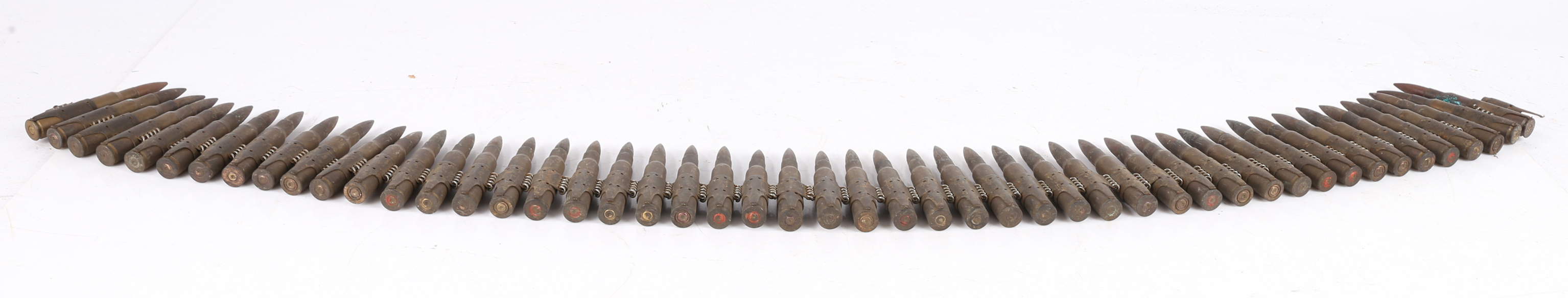 Belt of Second World War .30-03 Link Ammunition, cartridge cases and projectiles, bases stamped with