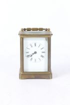 Victorian presentation carriage clock, brass casing, white enamel dial with Roman numerals, engraved