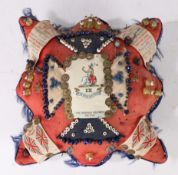 Late 19th/Early 20th century sweetheart pin cushion, made from padded cotton with lace edging,