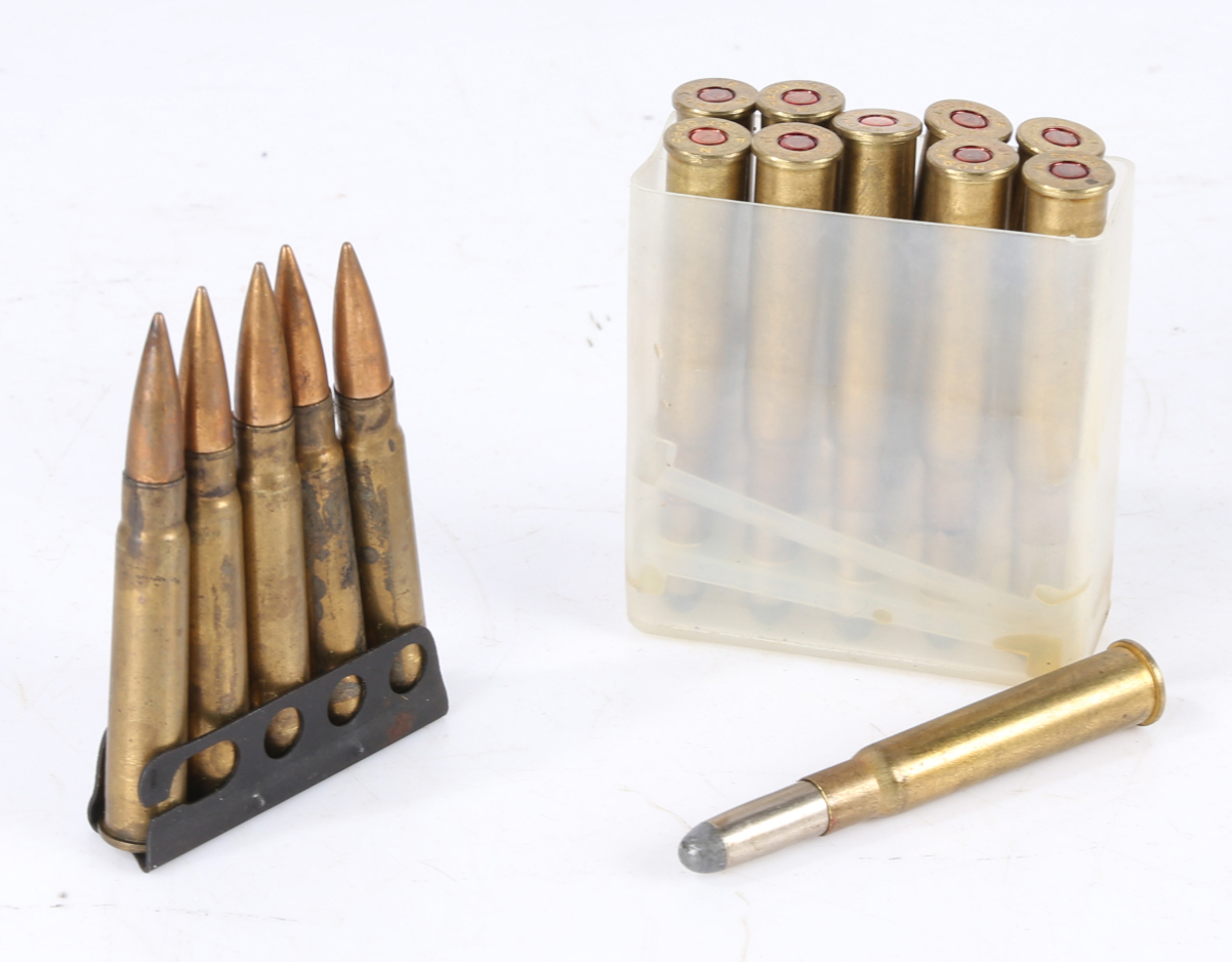 Second World War dated Mk 5 charging clip with 5 .303 rounds, together with a Box of ten 8 x 60mm RS