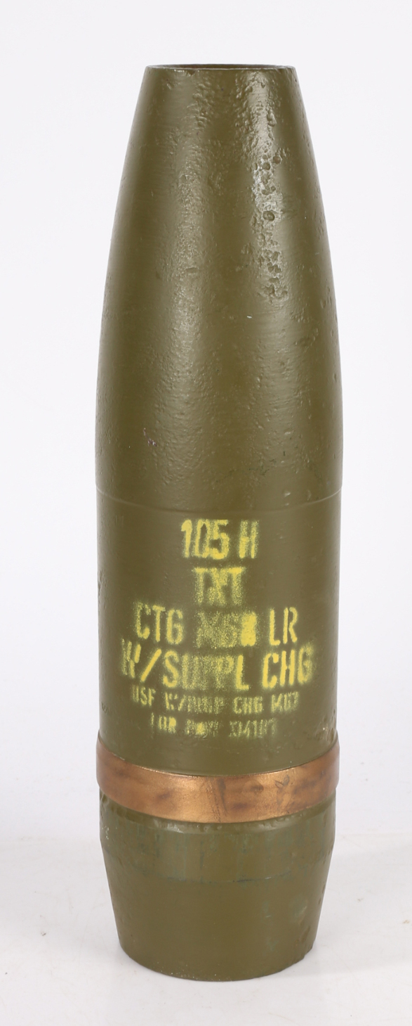 105 mm projectile, marked '105H, TNT, CT6, M68, LR W/SUPPL CHG' inert