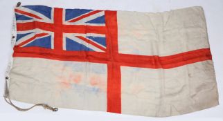 Second World War Royal Navy White Ensign, brass grommets and rope with halyard clips at hoist end,