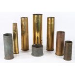 Collection of brass shell cases, German 110mm dated Oct. 1915, 65mm DE, 40mm MK III dated 1943, 75mm