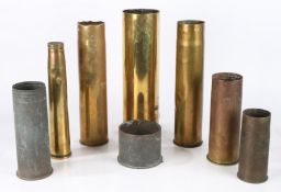 Collection of brass shell cases, German 110mm dated Oct. 1915, 65mm DE, 40mm MK III dated 1943, 75mm