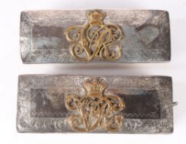 A pair of Victorian Cavalry Officers silver shoulder belt pouches converted for use to clothes