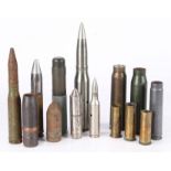 Collection of shell cases, some with projectiles, including 30mm BXP round, 20mm, L60A1 Baton Round,