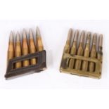 Second World War charging clip of 5 8mm rounds for the Ausrian Mannlicher M95 rifle, together with