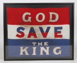 Framed early 20th century British Patriotic Banner, 'God save The King' on a red white and blue