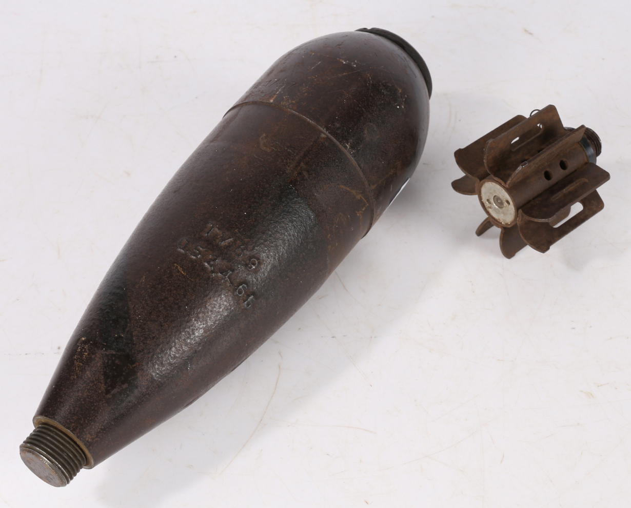 British 3" Mortar Smoke Round, tail present but detached from main body with connecting socket - Image 4 of 5