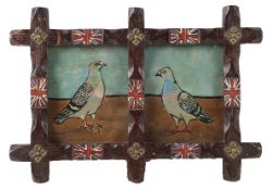 First World War trench art oil painting of two carrier pigeons, held in frame carved with crosses