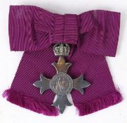 Order of the British Empire, Members Medal (MBE), 1st Type, purple bow mounted ribbon, held in