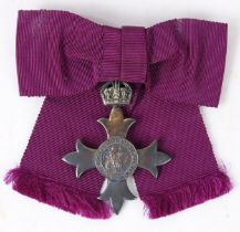 Order of the British Empire, Members Medal (MBE), 1st Type, purple bow mounted ribbon, held in