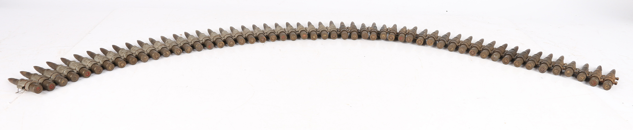 Belt of Second World War .30-03 Link Ammunition, cartridge cases and projectiles, bases stamped with