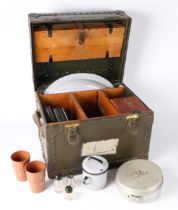 Early to mid 20th century Officers canteen/campaign set, iron bound wooden box with leather handles,