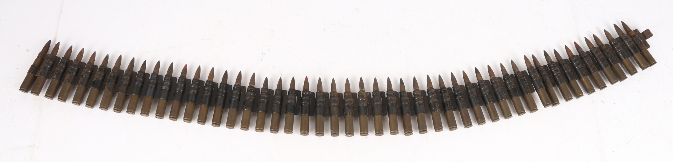 Belt of Second World War .30-03 Link Ammunition, cartridge cases and projectiles, bases stamped with