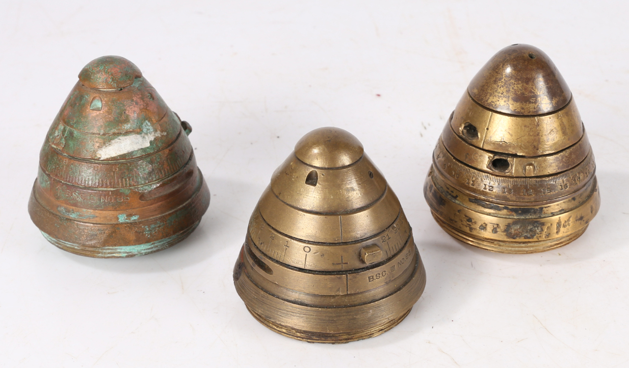 Three First World War British No.85 Fuzes, used on the shrapnel shells for the 13 Pdr and 18 Pdr