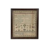 An early Victorian needlework sampler, named to 'Jane Haydons Work, aged 10 years, Bradninch School,