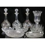 A collection glass ware, to include three decanters, 19th century celery vase, two green glass