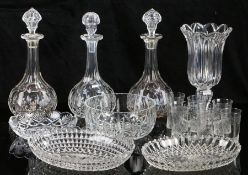 A collection glass ware, to include three decanters, 19th century celery vase, two green glass