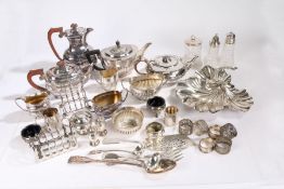 A Collection of silver plated ware, to include a three and four piece tea set, two sugar castors,