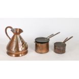 A copper four gallon jug by J. Newman, scale maker, Dublin, 45cm high, together with two copper