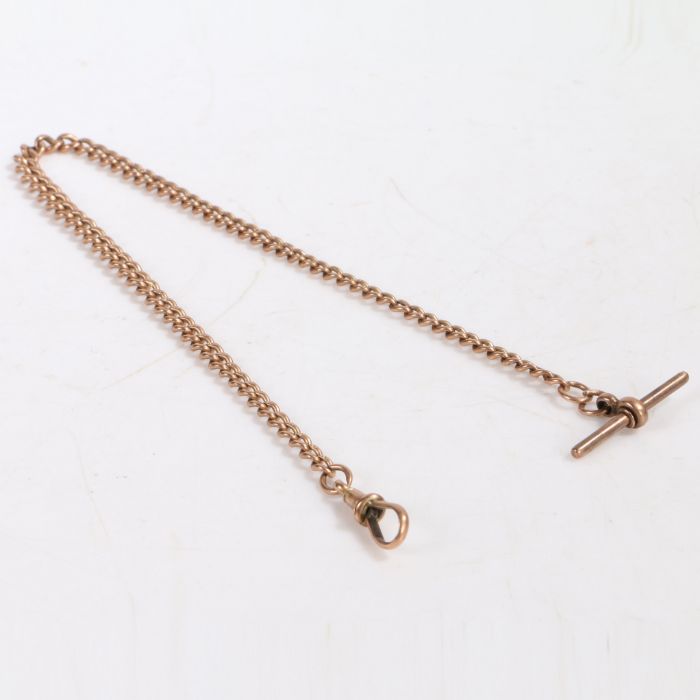 A 9 carat gold pocket watch chain, with tapering links, clip end and T bar, 38cm long, 27.1g