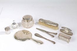 A collection of silver, silver plated and glass dressing table pots and accessories, various dates