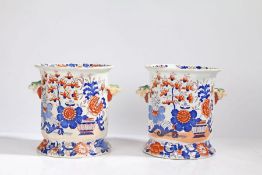 A pair of 19th Century Masons ironstone wine coolers, with imari decorated bodies and stylised