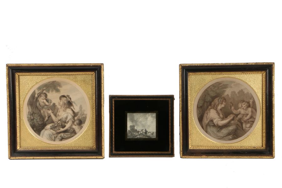 After Franceso Bartolozzi (1727-1815), a pair of circular coloured mezzotints depicting scantily