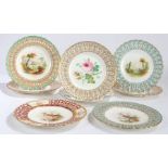 A collection of eight hand painted plates, mostly 19th century, to include two with Turtle Doves,