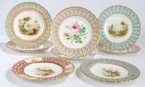 A collection of eight hand painted plates, mostly 19th century, to include two with Turtle Doves,