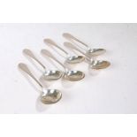 A set of six American sterling silver soup spoons, maker Old Newbury Crafters, the handles with