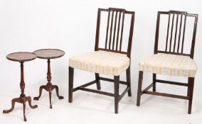 A pair of Sheraton style 19th Century mahogany side chairs, with chamfered splat backs and