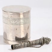 An Indian white metal pot and cover, of cylindrical form with script and scroll engraved decoration,